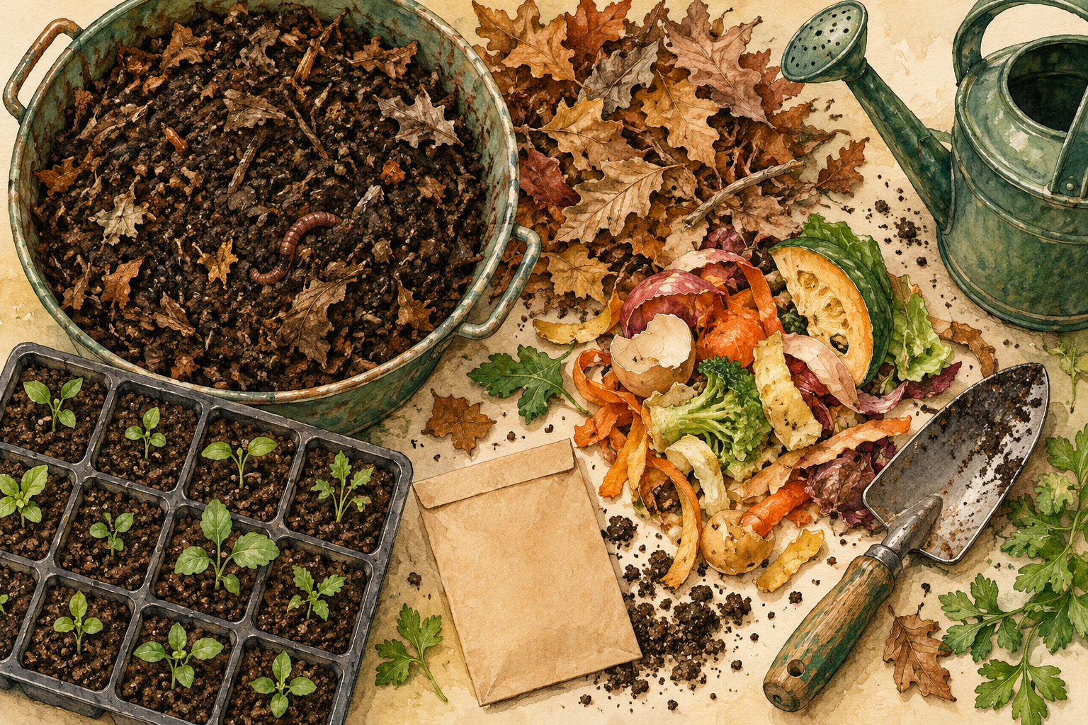 Ilustración de composta, hojas secas, restos vegetales, semillas y herramientas