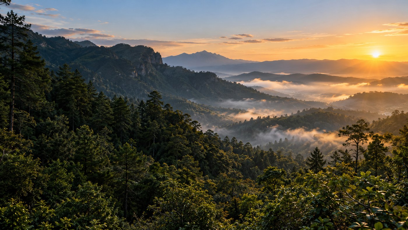 Bosque y horizonte de montañas al amanecer